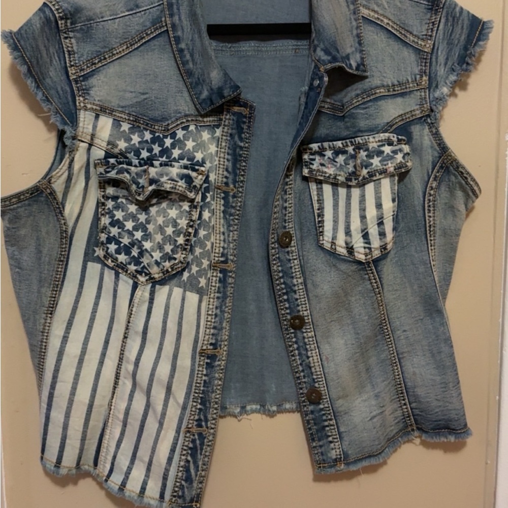 Ashley Stewart Blue Denim Vest with Flag Pattern